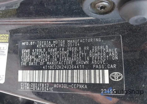 2004 Toyota Camry Std z USA, uszkodzony, nr VIN 4T1BE32K24U364411